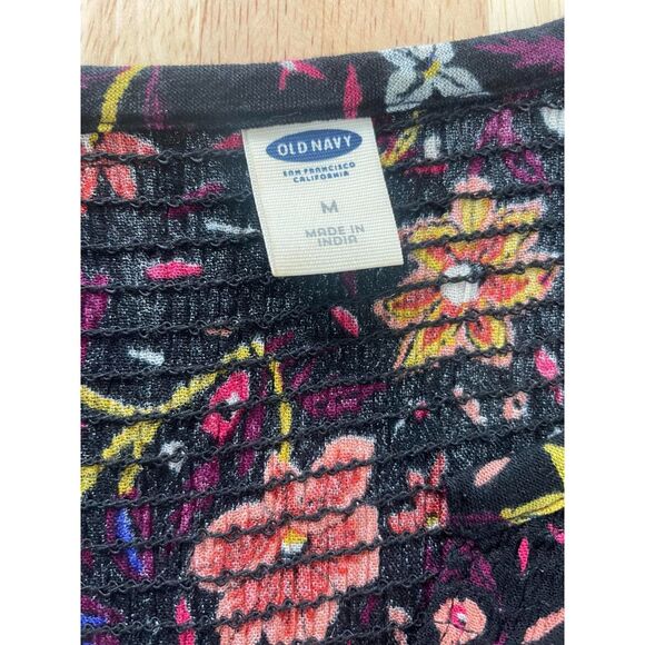 Old Navy Women's Size M Black Red Midi Fit & Flare Dress Floral Smocked-Waist - Picture 4 of 10